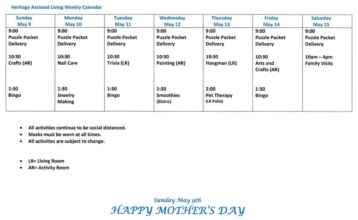 Senior Living Facility Calendar Heritage Assisted Living