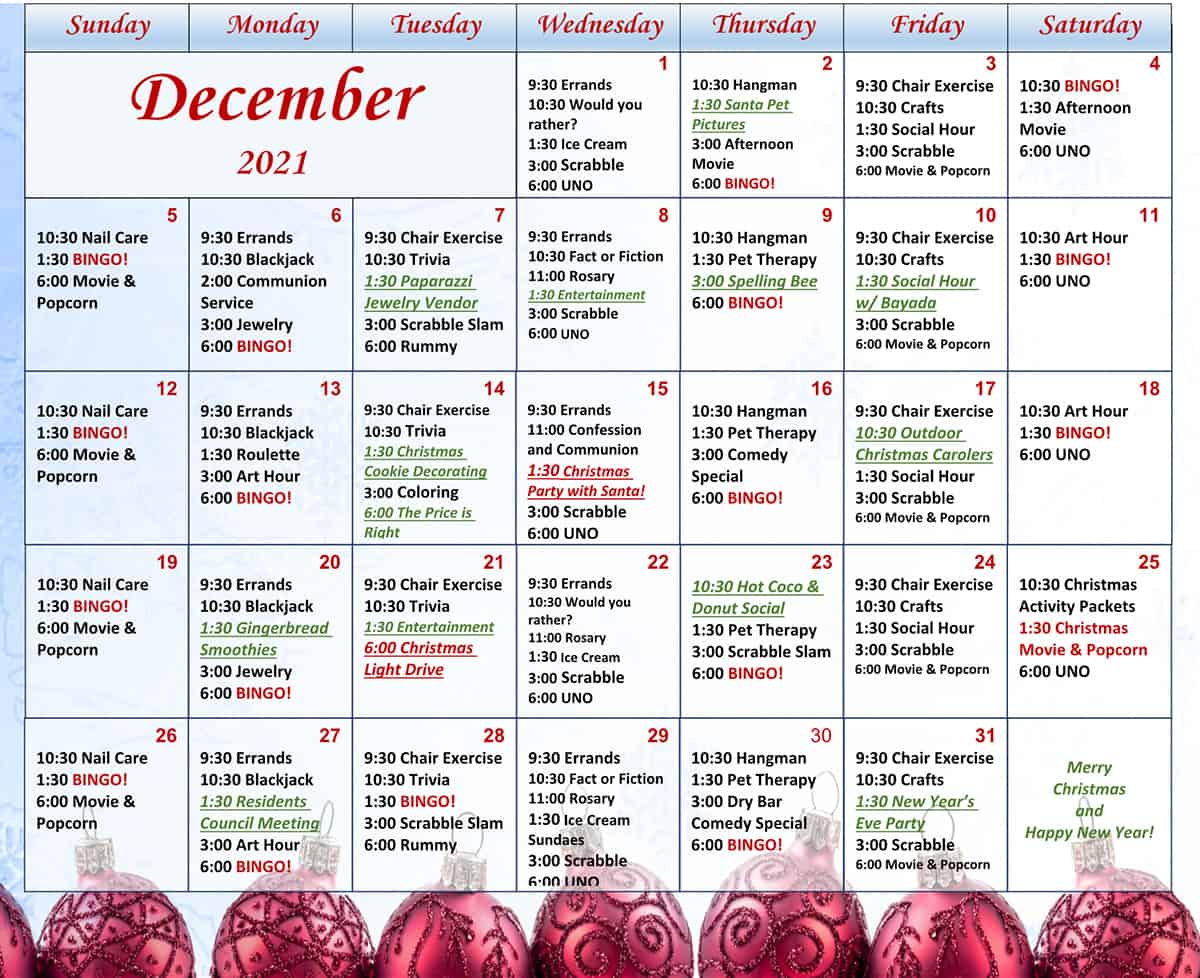 Our December 2021 Activity Calendar