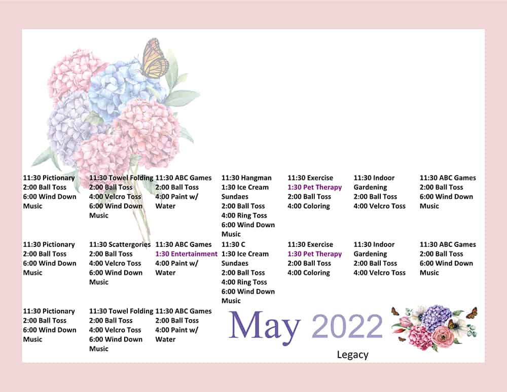 Our May 2022 Activity Calendar for our memory care unit