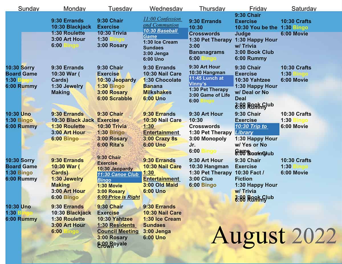 Our August 2022 Activity Calendar